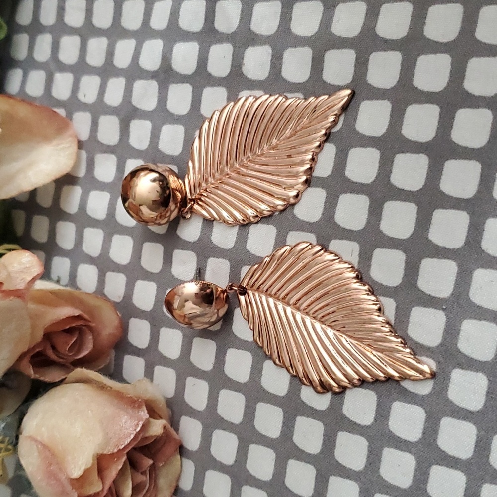 Chunky Rose Gold and Leaf Textured Earrings, Statement Drops